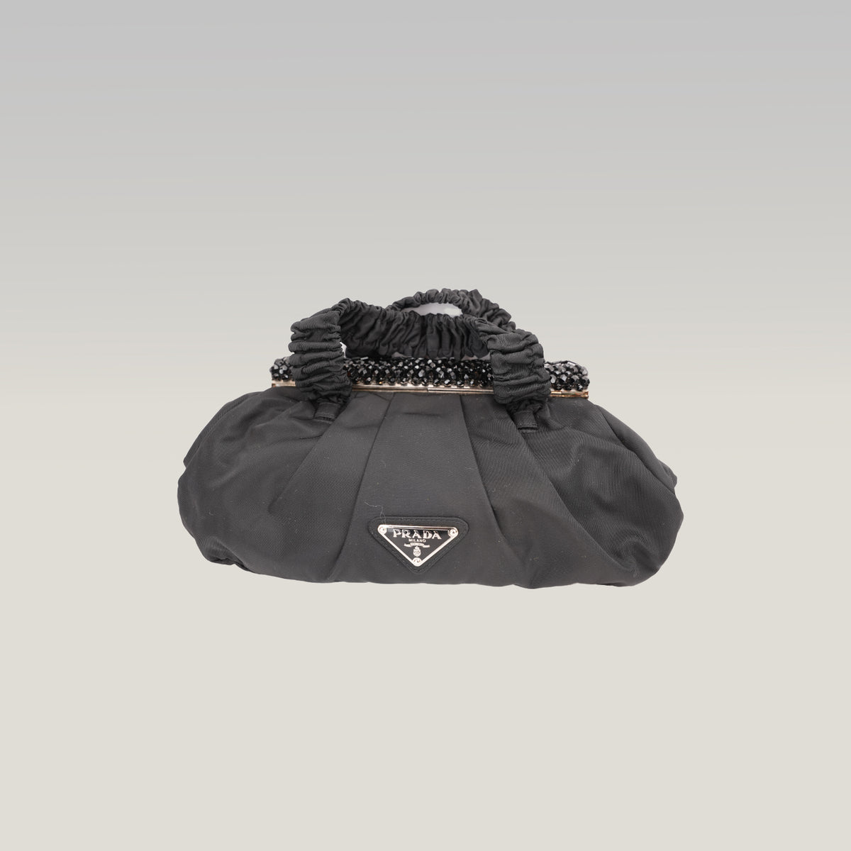 Prada Gaufre Borsa da Sera in Nylon Nero con Cristalli e Manici Arricciati