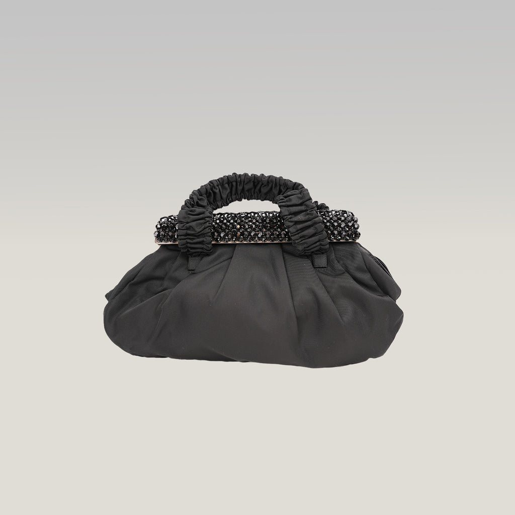 Prada Gaufre Borsa da Sera in Nylon Nero con Cristalli e Manici Arricciati
