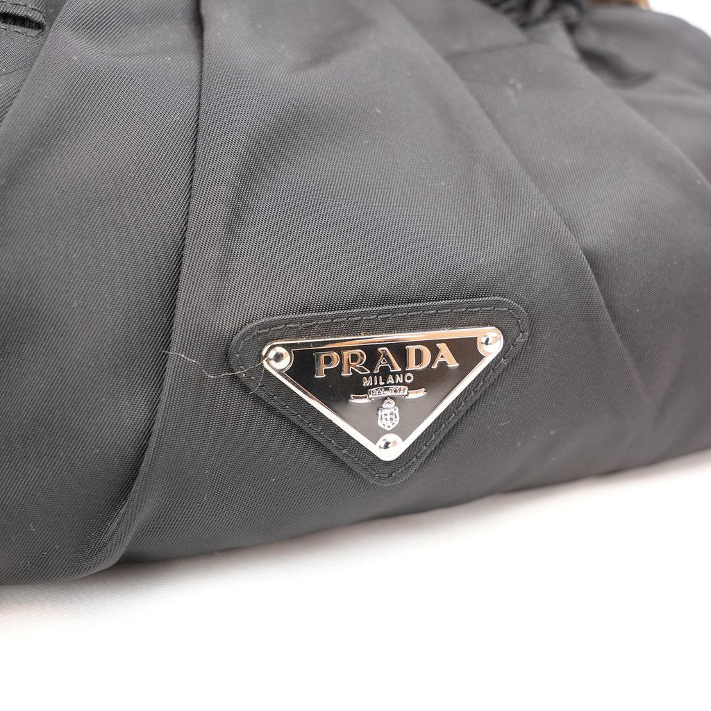 Prada Gaufre Borsa da Sera in Nylon Nero con Cristalli e Manici Arricciati