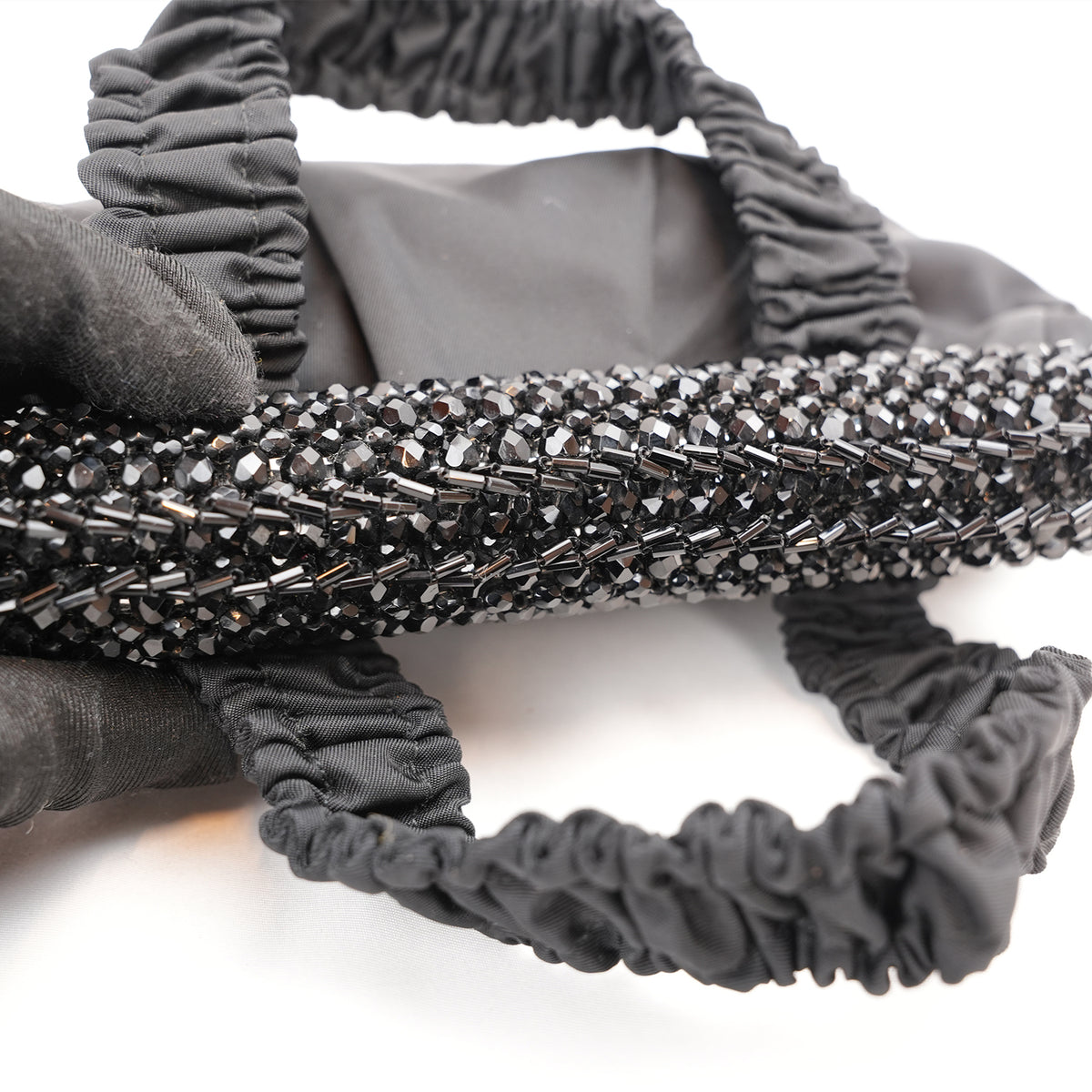 Prada Gaufre Borsa da Sera in Nylon Nero con Cristalli e Manici Arricciati
