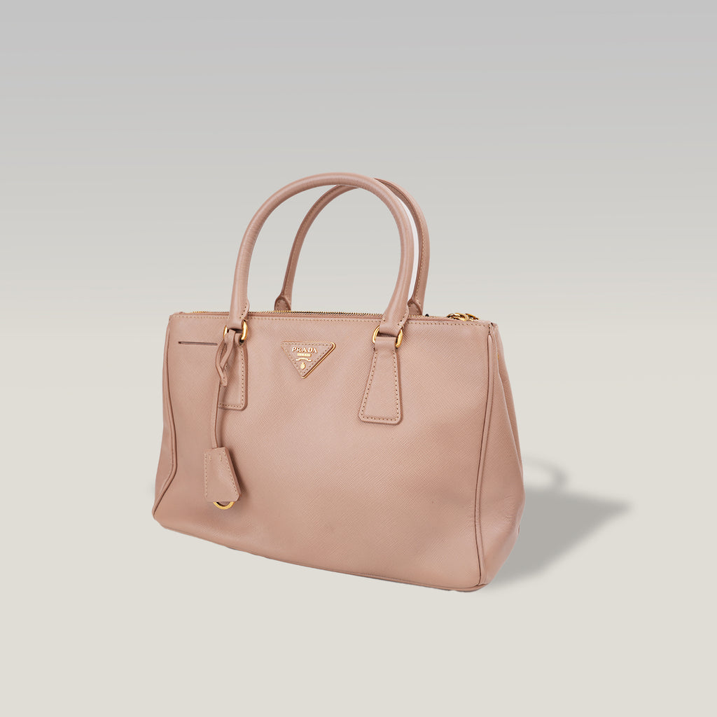 Prada Galleria Borsa a Mano Vintage in Pelle Saffiano Rosa Cipria con Logo Triangolare Dorato