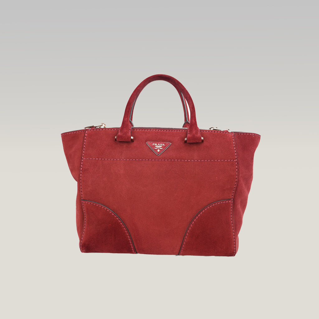 Prada Scamosciato Small Tote Bag in Pelle Scamosciata Porpora con Tracolla Removibile