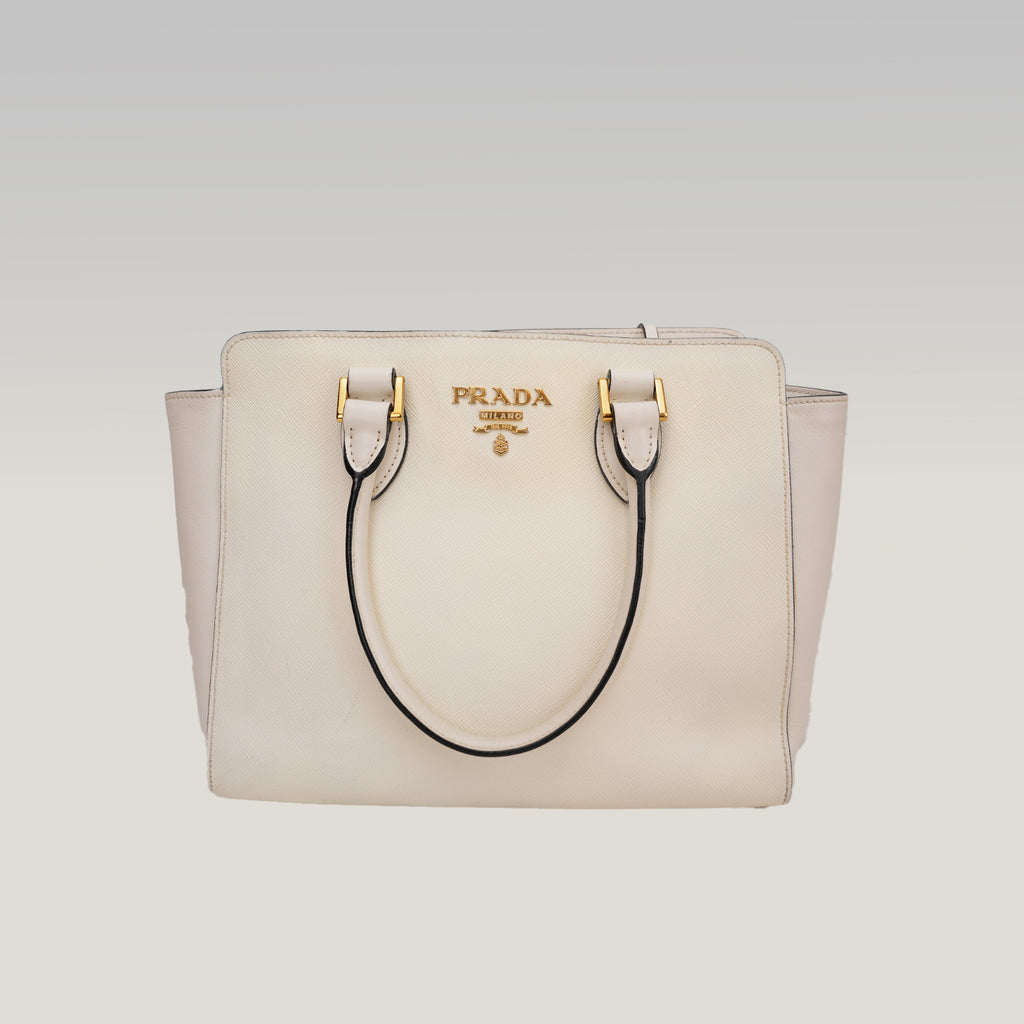 Prada Saffiano Lux Tote Bag Bianca in Pelle con Tracolla Regolabile