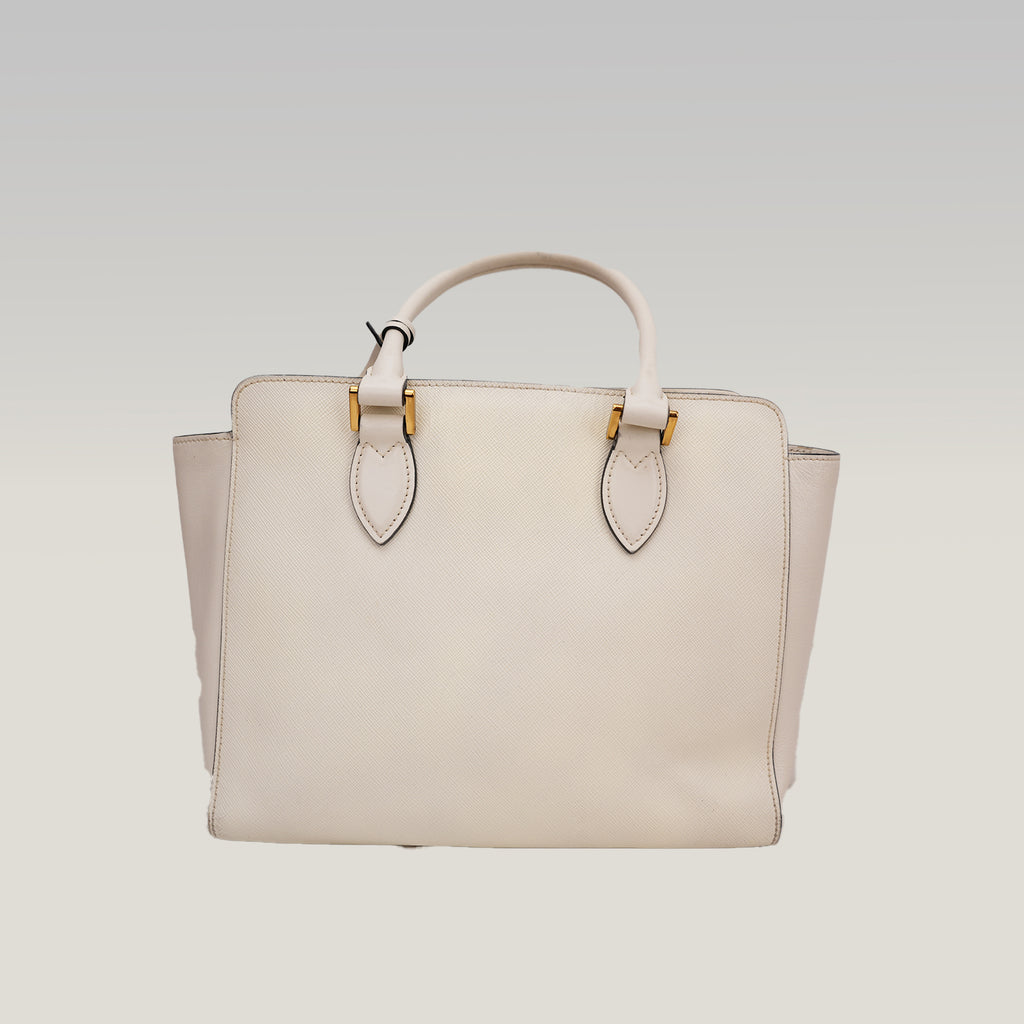 Prada Saffiano Lux Tote Bag Bianca in Pelle con Tracolla Regolabile