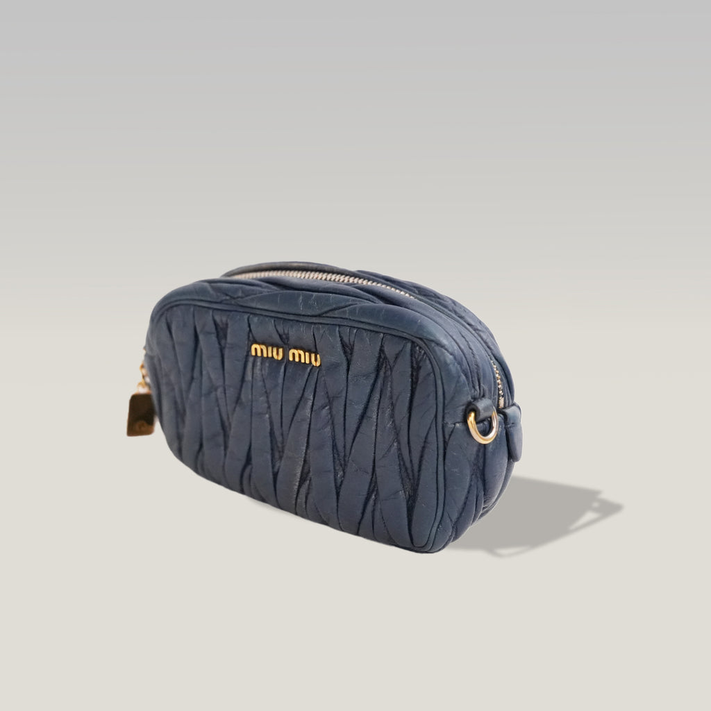 Miu Miu Mini Matelassé Dark Blue Leather Crossbody Bag with Gold Hardware
