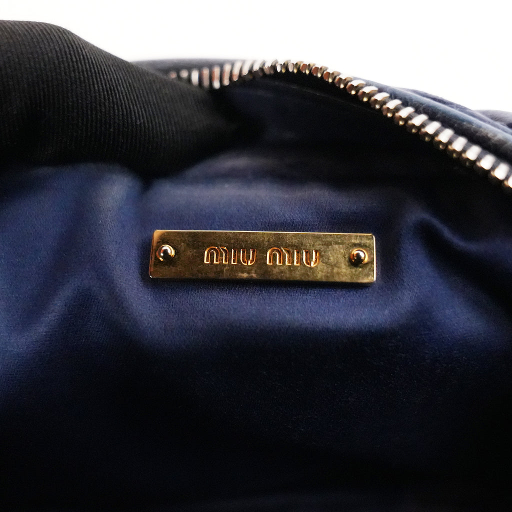 Miu Miu Mini Matelassé Dark Blue Leather Crossbody Bag with Gold Hardware