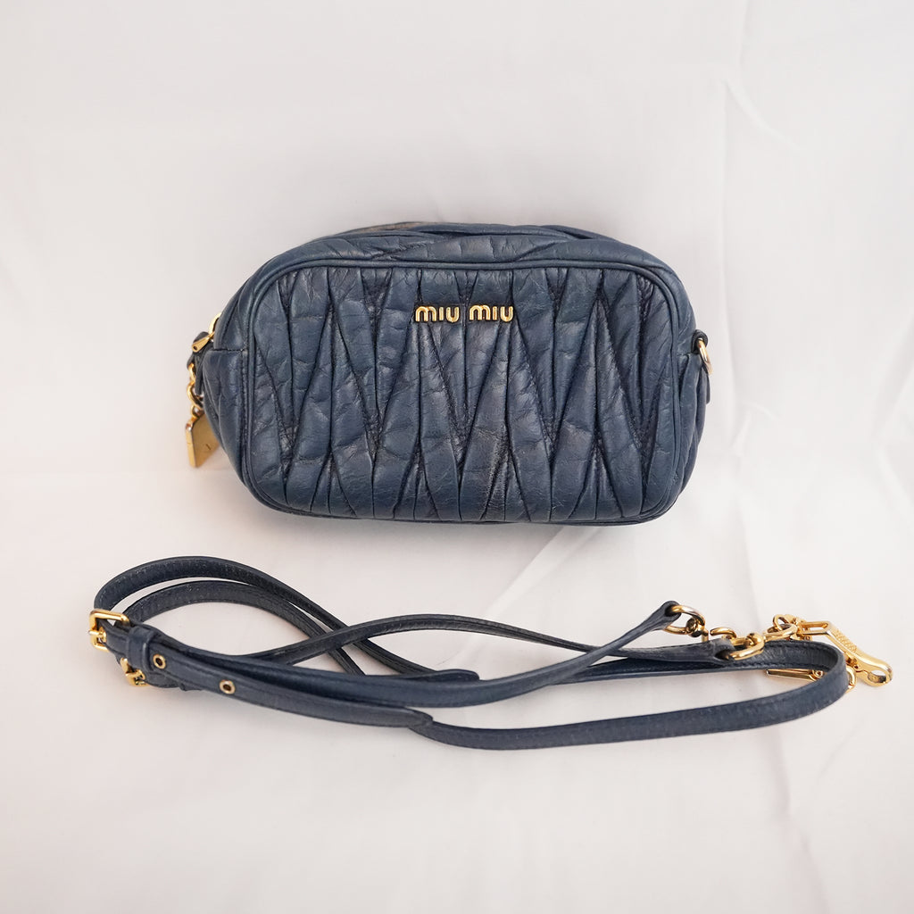 Miu Miu Mini Matelassé Dark Blue Leather Crossbody Bag with Gold Hardware