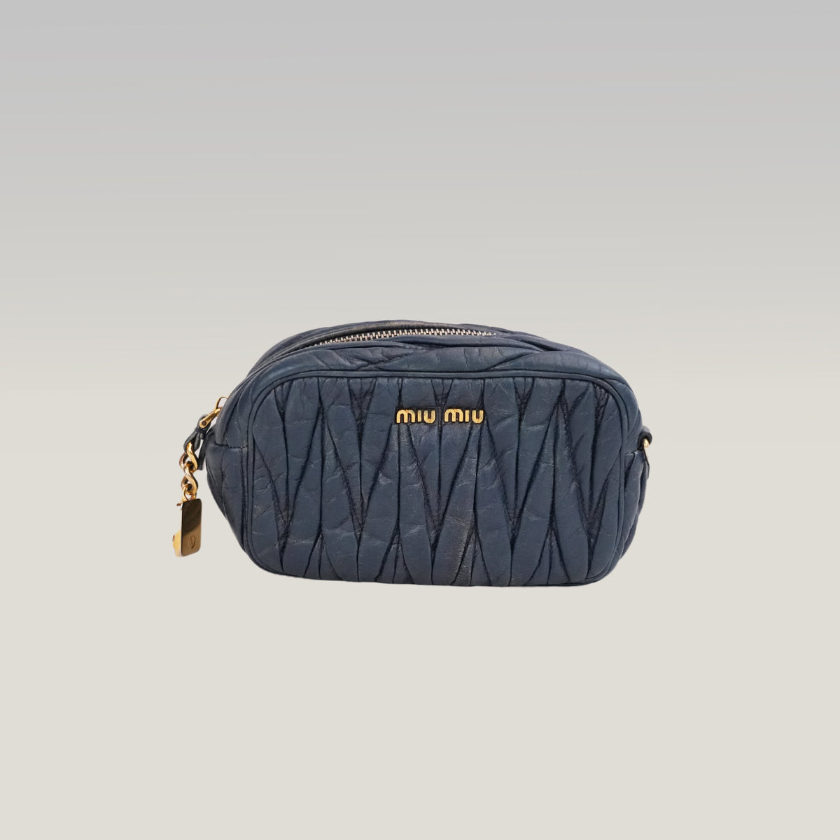 Miu Miu Mini Matelassé Dark Blue Leather Crossbody Bag with Gold Hardware