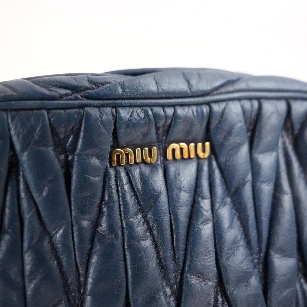Miu Miu Mini Matelassé Dark Blue Leather Crossbody Bag with Gold Hardware