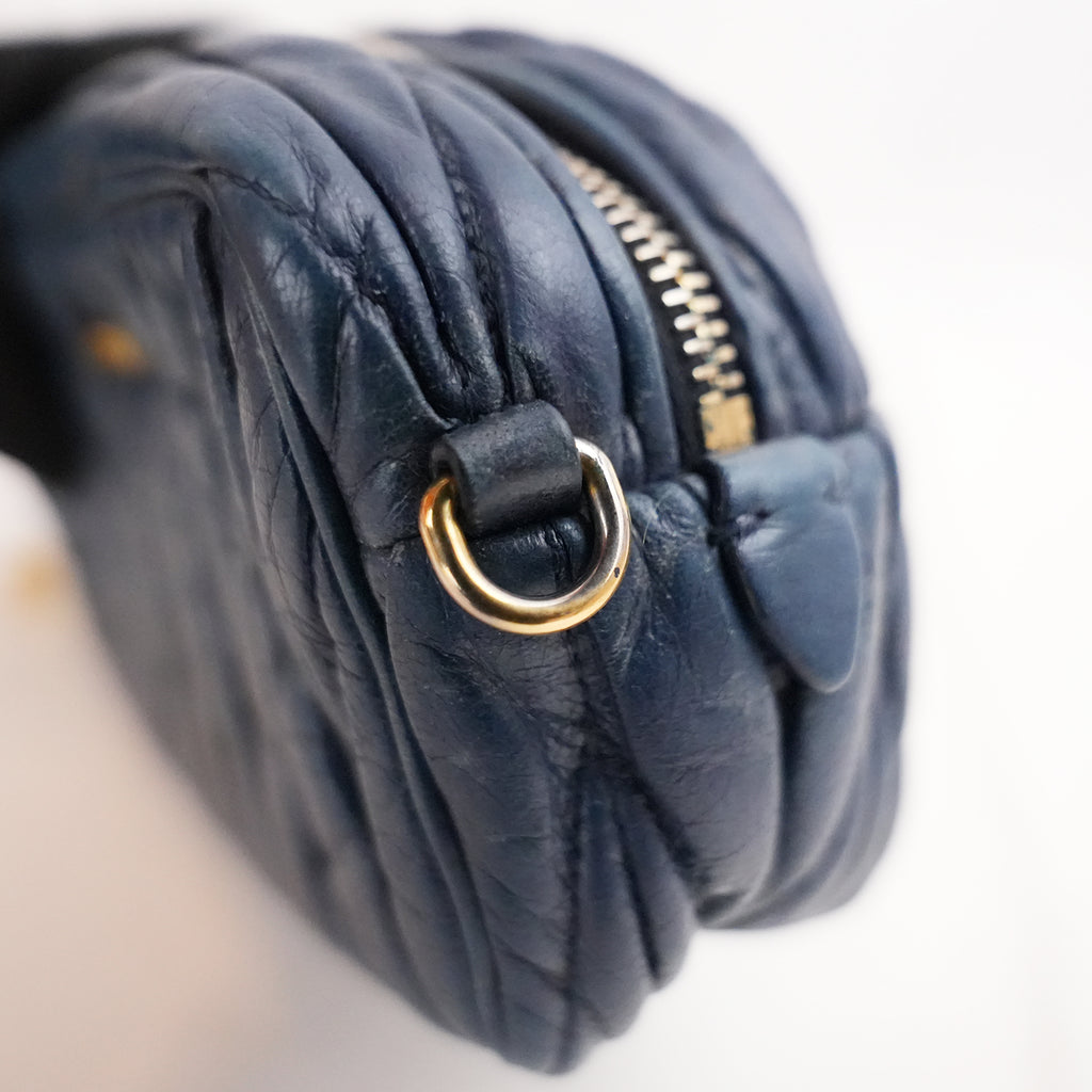 Miu Miu Mini Matelassé Dark Blue Leather Crossbody Bag with Gold Hardware