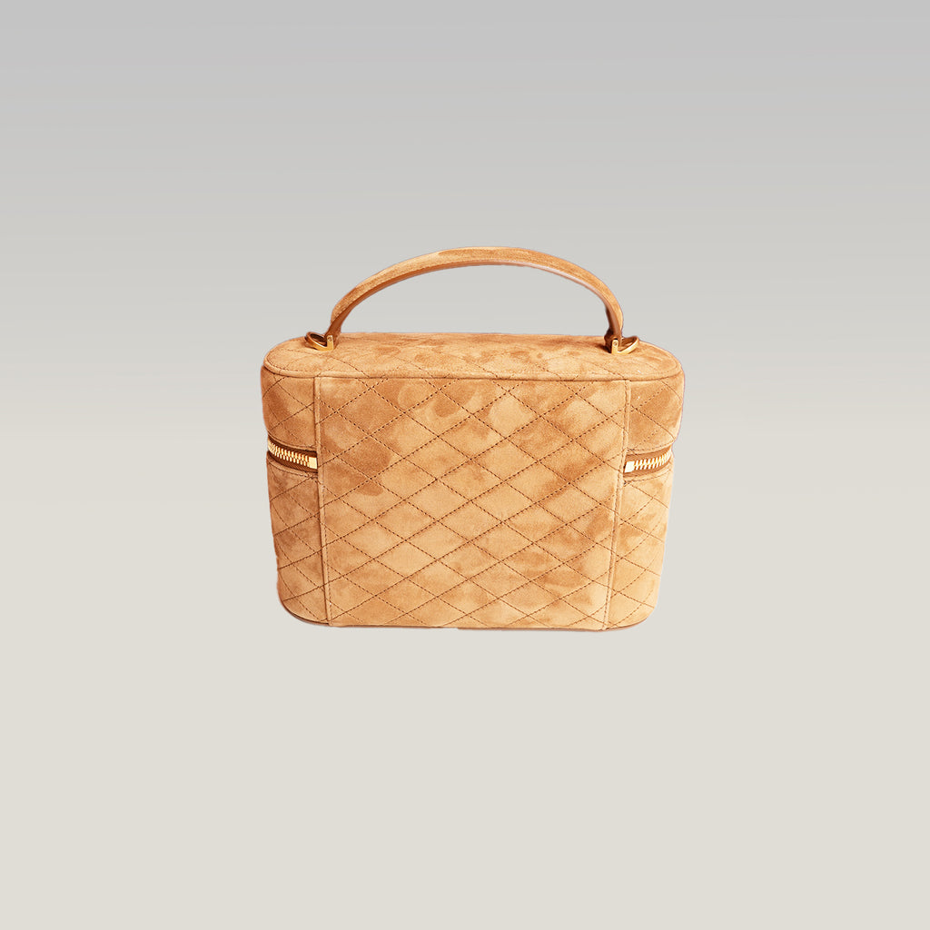 Saint Laurent Gaby Vanity Large Borsa a Mano in Pelle Scamosciata Marrone Cammello Matelassé con Logo YSL e Dettagli Dorati