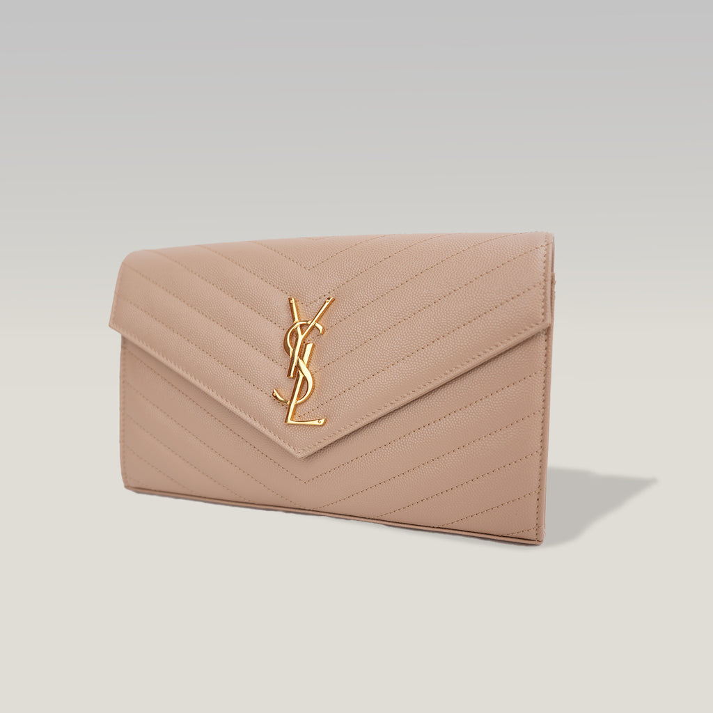 Saint Laurent Cassandre Envelope Wallet on Chain Beige Grain de Poudre Chevron Leather