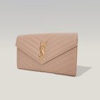 Saint Laurent Cassandre Envelope Wallet on Chain Beige Grain de Poudre Chevron Leather