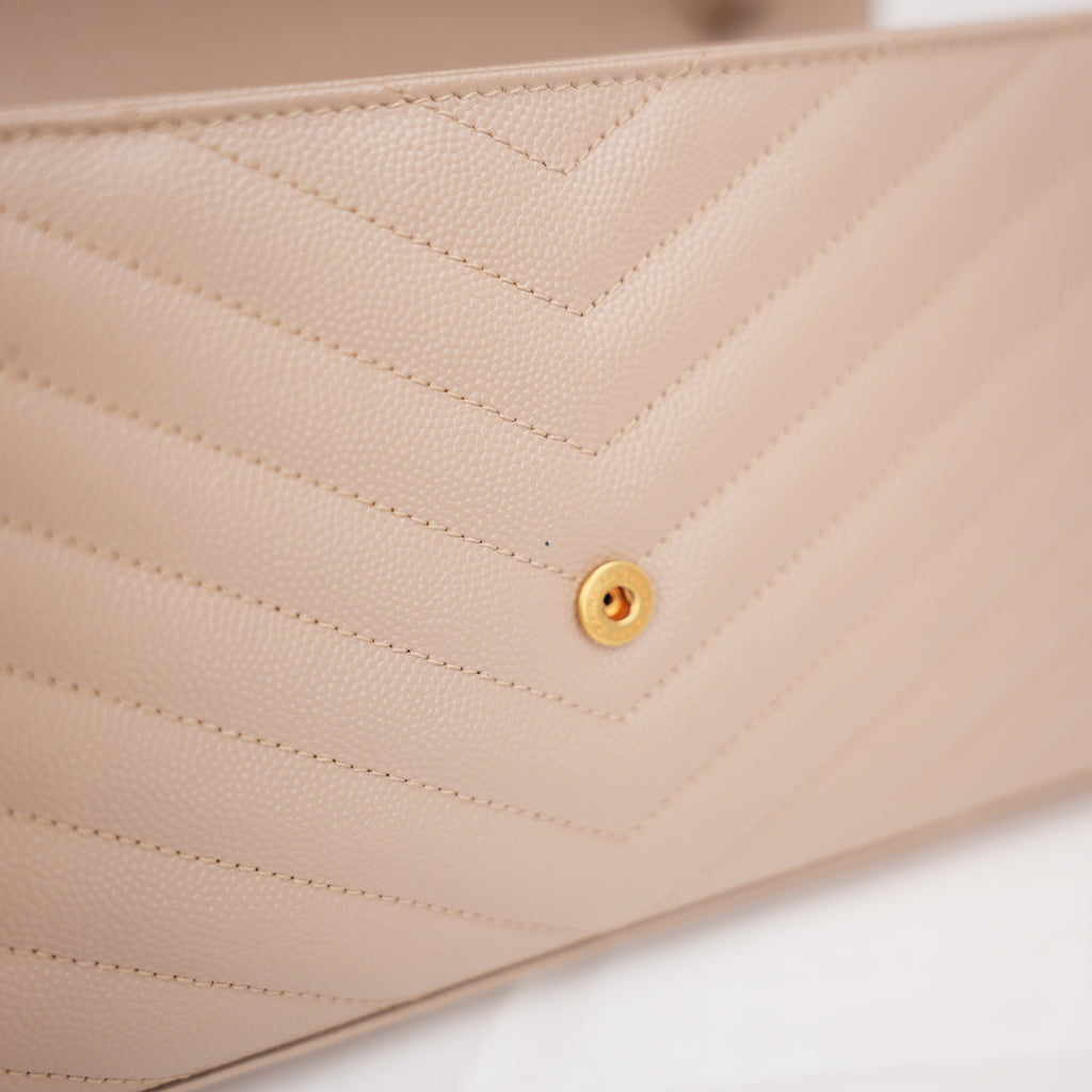 Saint Laurent Cassandre Envelope Wallet on Chain Beige Grain de Poudre Chevron Leather