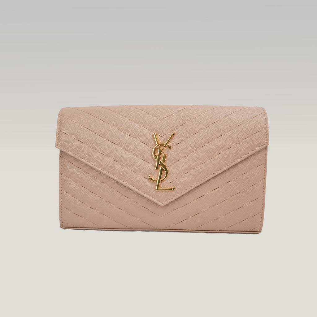 Saint Laurent Cassandre Envelope Wallet on Chain Beige Grain de Poudre Chevron Leather