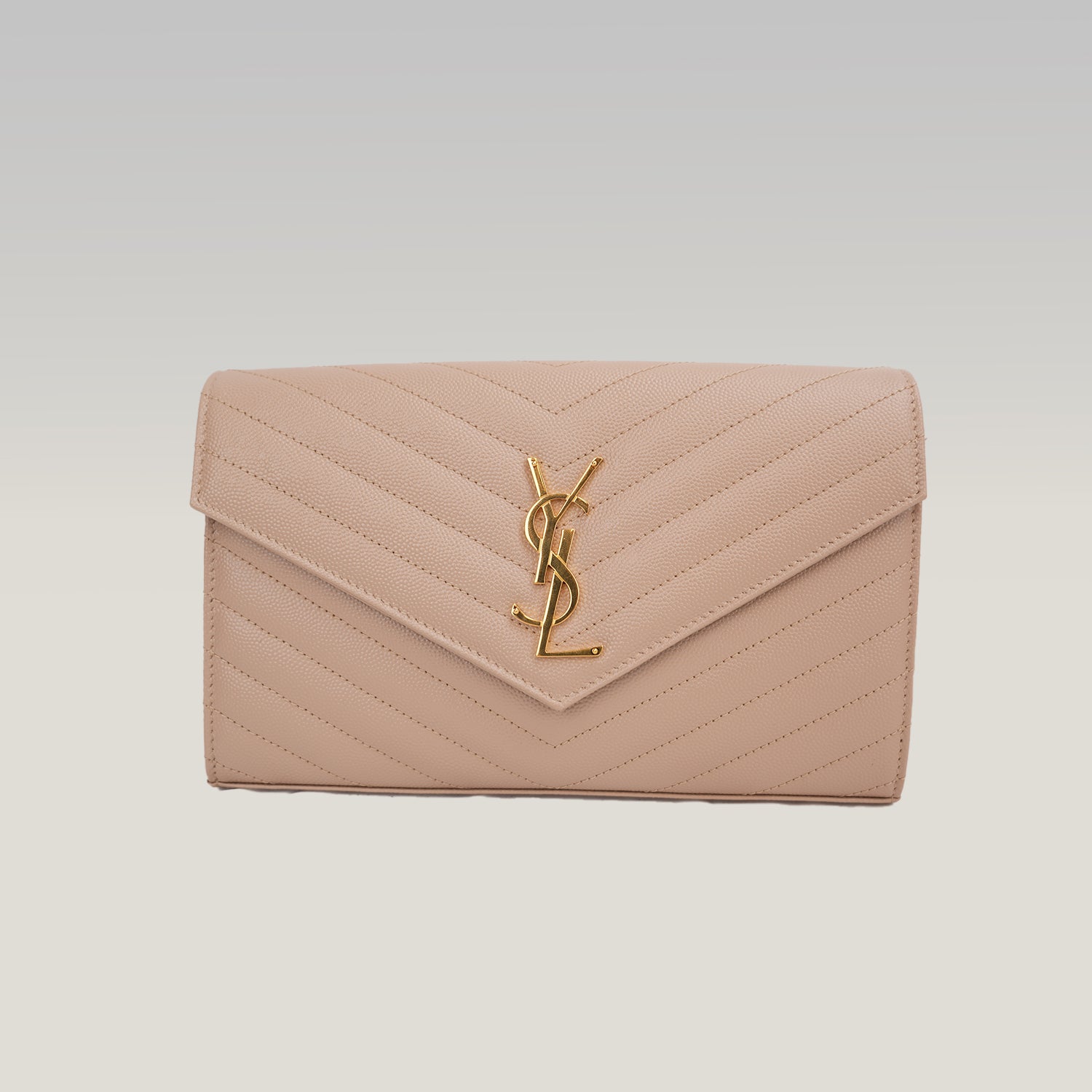 Saint Laurent Cassandre Envelope Wallet on Chain Beige Grain de Poudre Chevron Leather