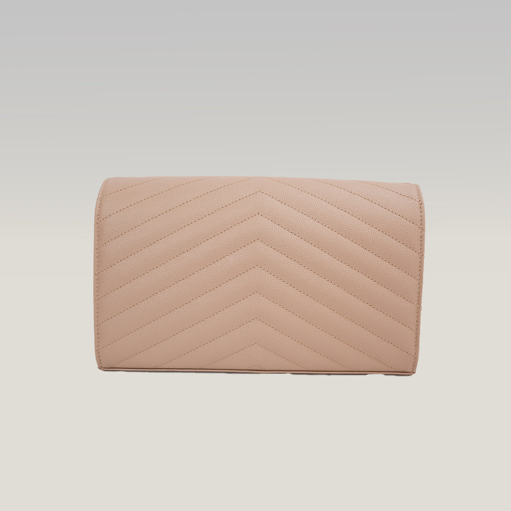 Saint Laurent Cassandre Envelope Wallet on Chain Beige Grain de Poudre Chevron Leather