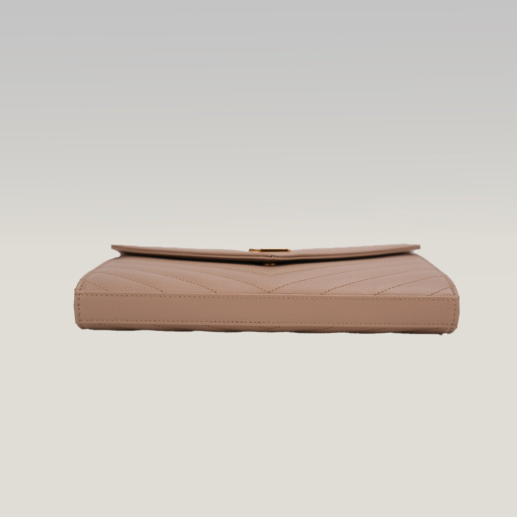 Saint Laurent Cassandre Envelope Wallet on Chain Beige Grain de Poudre Chevron Leather