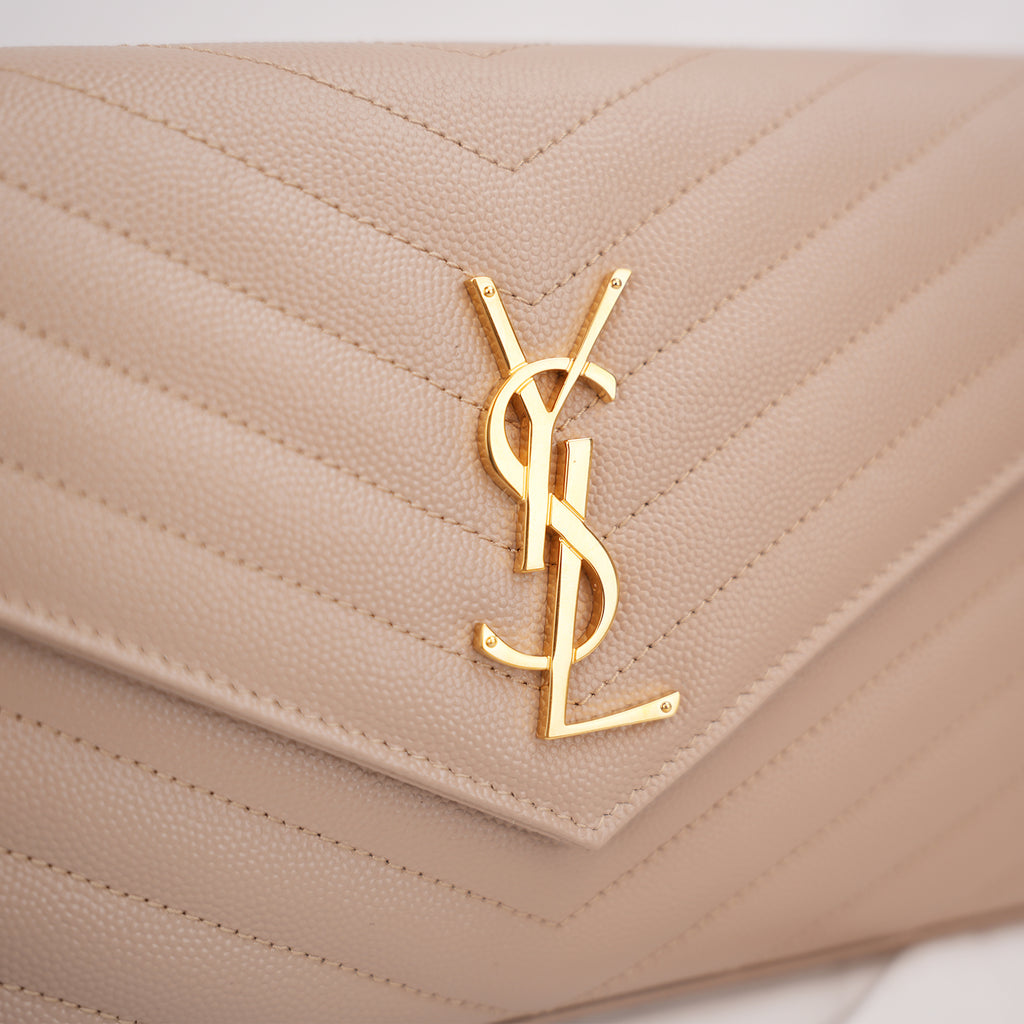 Saint Laurent Cassandre Envelope Wallet on Chain Beige Grain de Poudre Chevron Leather