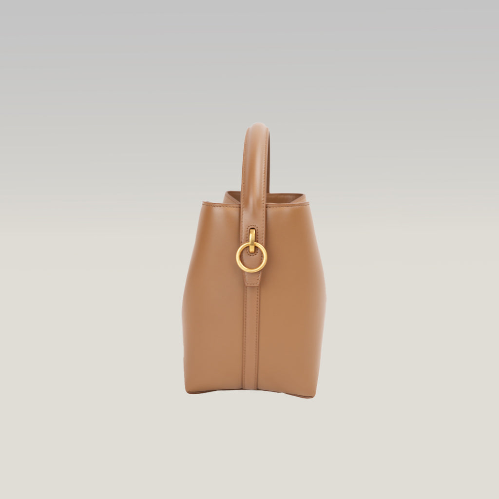 Saint Laurent Le 37 Small Borsa Secchiello in Pelle di Vitello Marrone Cognac con Logo YSL Dorato