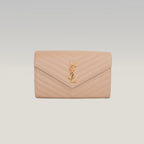 Saint Laurent Cassandra WOC Beige Nude in Pelle Matelassé Chevron con Logo YSL Dorato