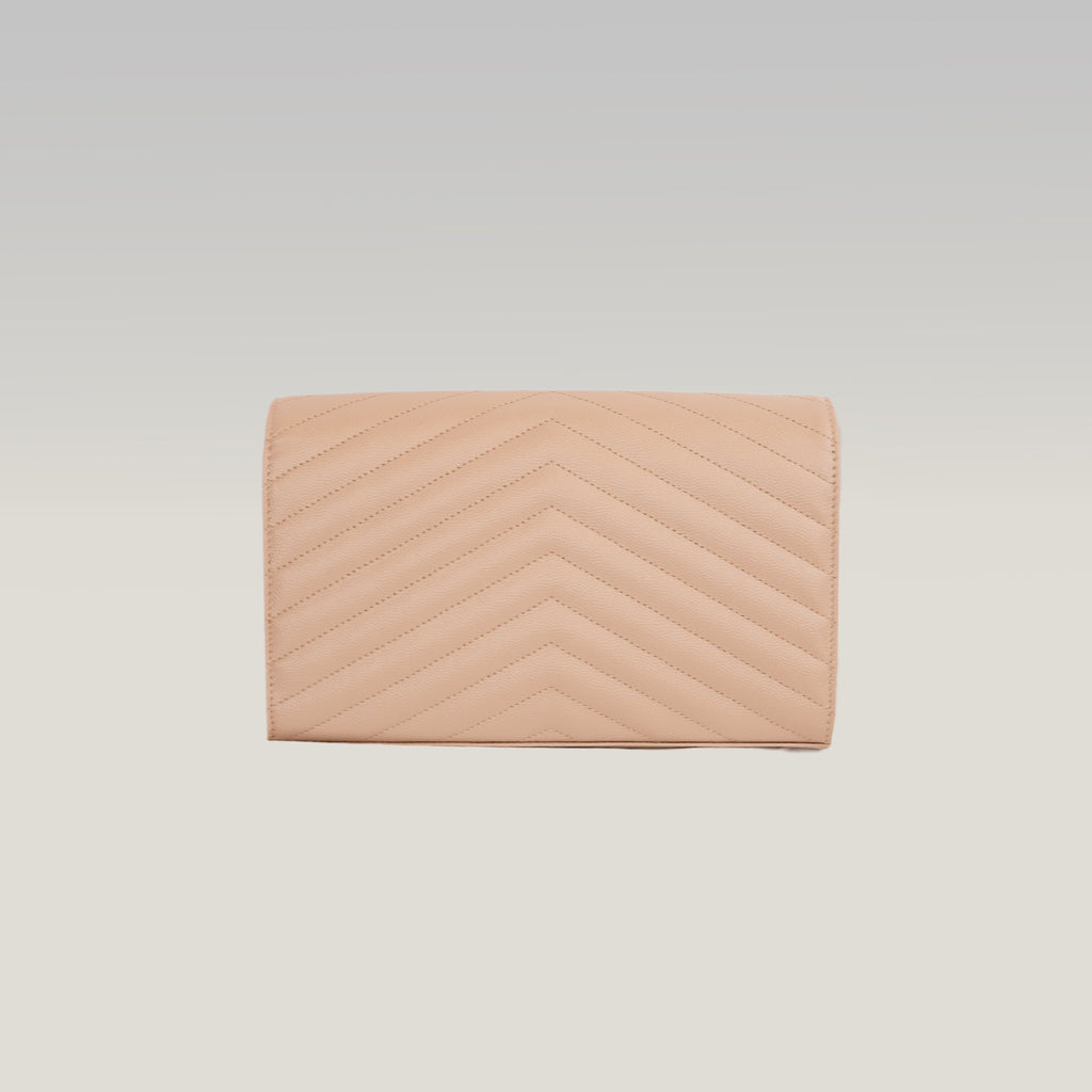 Saint Laurent Cassandra WOC Beige Nude in Pelle Matelassé Chevron con Logo YSL Dorato