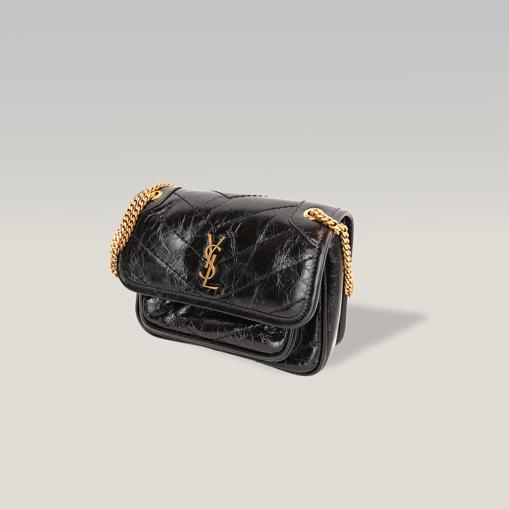 Saint Laurent Niki Mini Nera in Pelle Stropicciata con Logo YSL Dorato