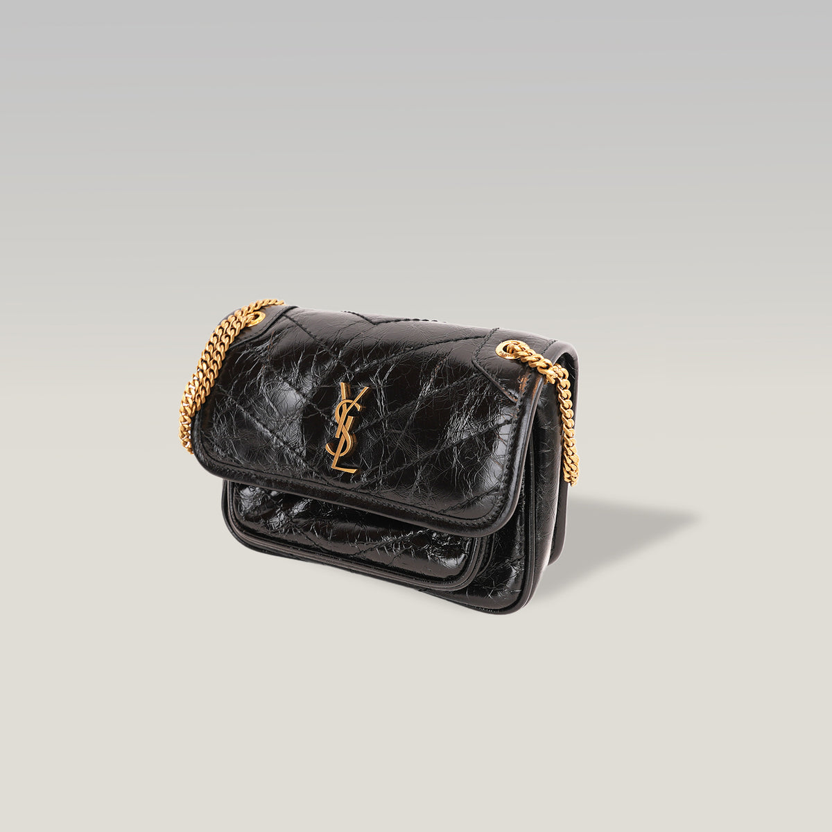 Saint Laurent Niki Mini Nera in Pelle Stropicciata con Logo YSL Dorato