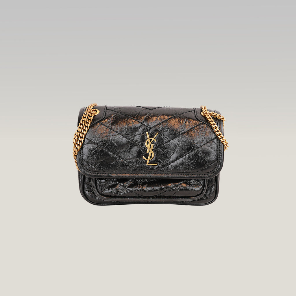 Saint Laurent Niki Mini Nera in Pelle Stropicciata con Logo YSL Dorato