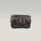Saint Laurent Niki Mini Nera in Pelle Stropicciata con Logo YSL Dorato