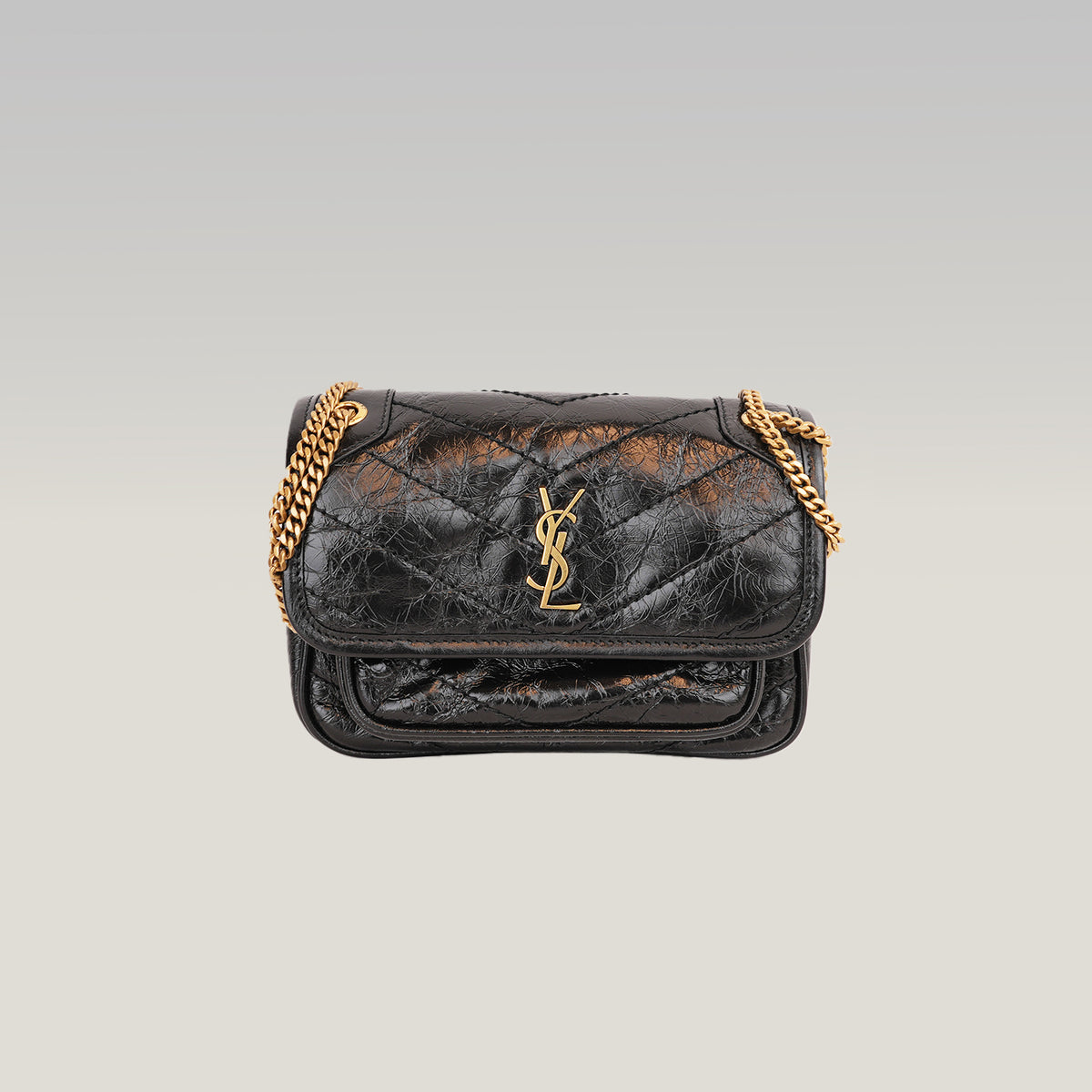 Saint Laurent Niki Mini Nera in Pelle Stropicciata con Logo YSL Dorato