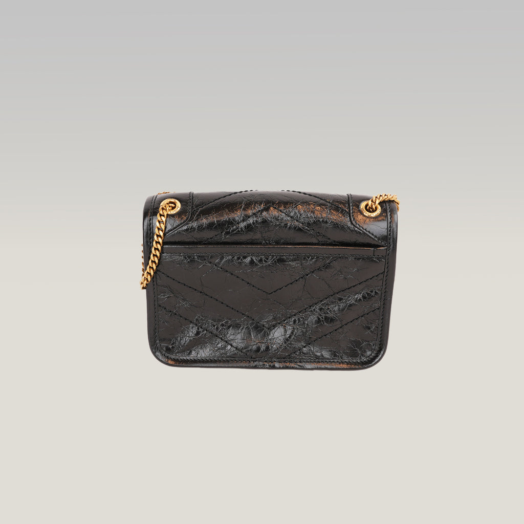 Saint Laurent Niki Mini Nera in Pelle Stropicciata con Logo YSL Dorato