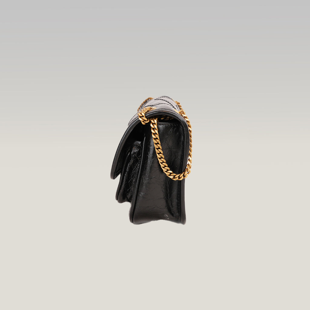 Saint Laurent Niki Mini Nera in Pelle Stropicciata con Logo YSL Dorato
