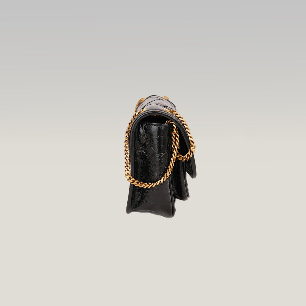 Saint Laurent Niki Mini Nera in Pelle Stropicciata con Logo YSL Dorato