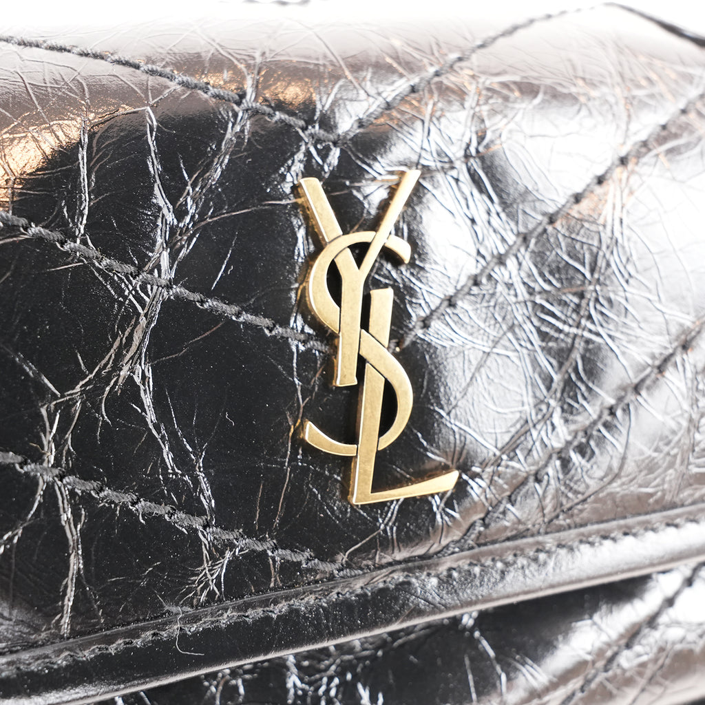 Saint Laurent Niki Mini Nera in Pelle Stropicciata con Logo YSL Dorato