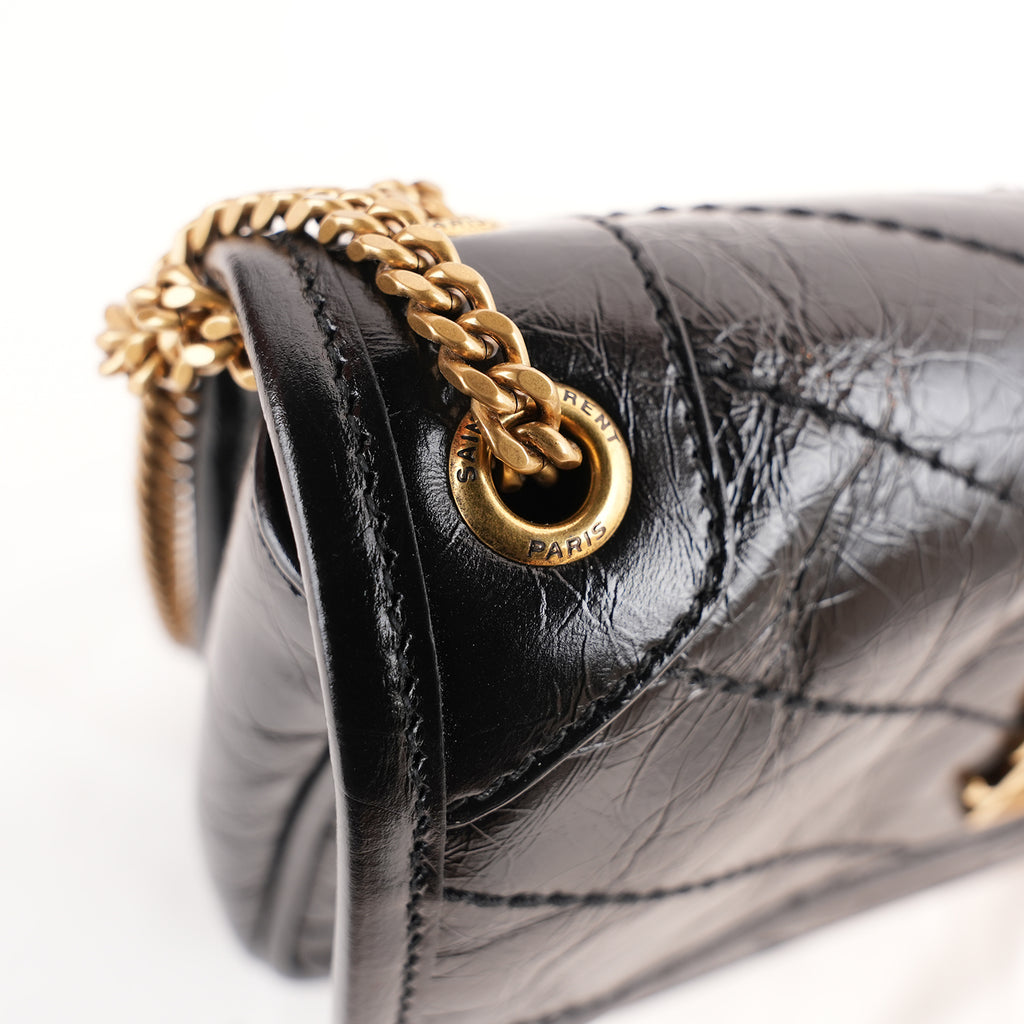 Saint Laurent Niki Mini Nera in Pelle Stropicciata con Logo YSL Dorato