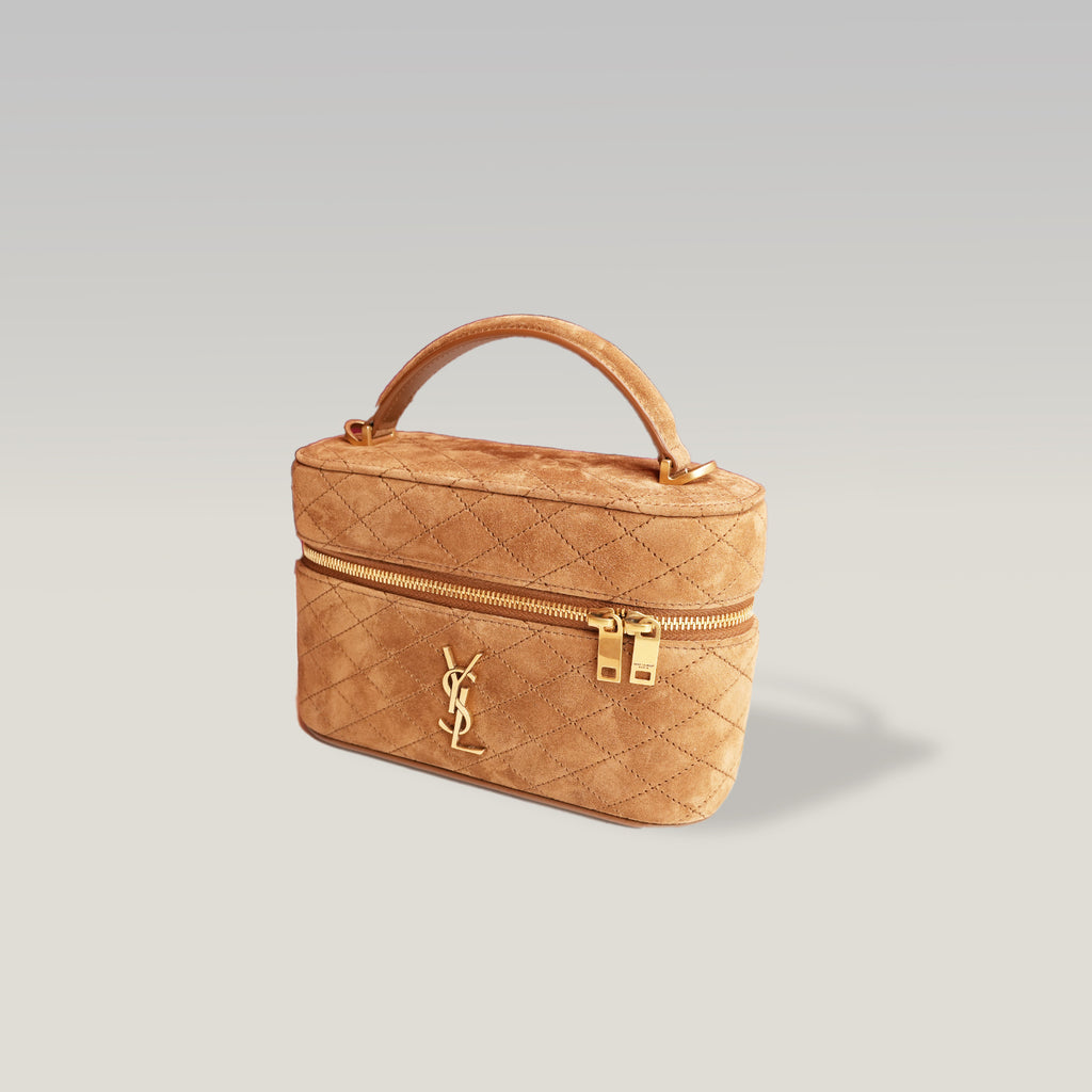Saint Laurent Gaby Vanity Mini Borsa a Mano in Pelle Scamosciata Marrone Cammello Matelassé con Logo YSL Dorato