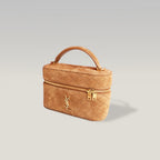 Saint Laurent Gaby Vanity Mini Borsa a Mano in Pelle Scamosciata Marrone Cammello Matelassé con Logo YSL Dorato