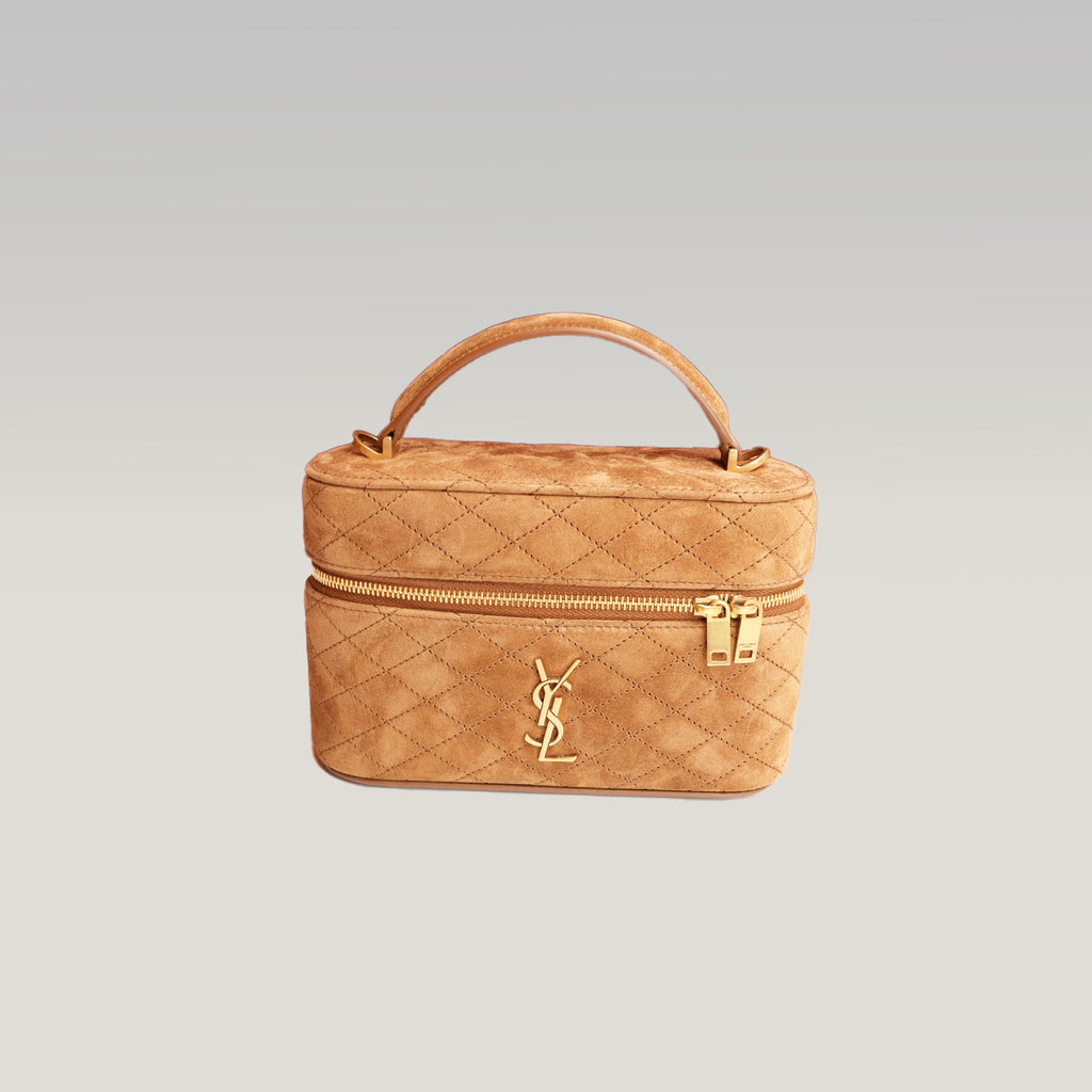 Saint Laurent Gaby Vanity Mini Borsa a Mano in Pelle Scamosciata Marrone Cammello Matelassé con Logo YSL Dorato