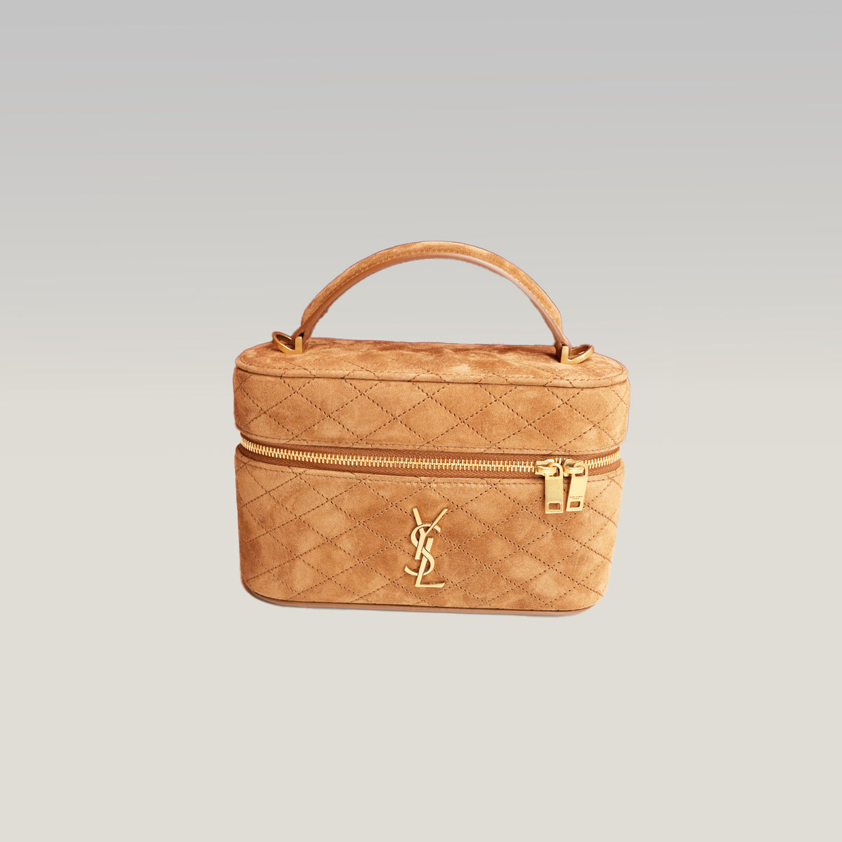 Saint Laurent Gaby Vanity Mini Borsa a Mano in Pelle Scamosciata Marrone Cammello Matelassé con Logo YSL Dorato