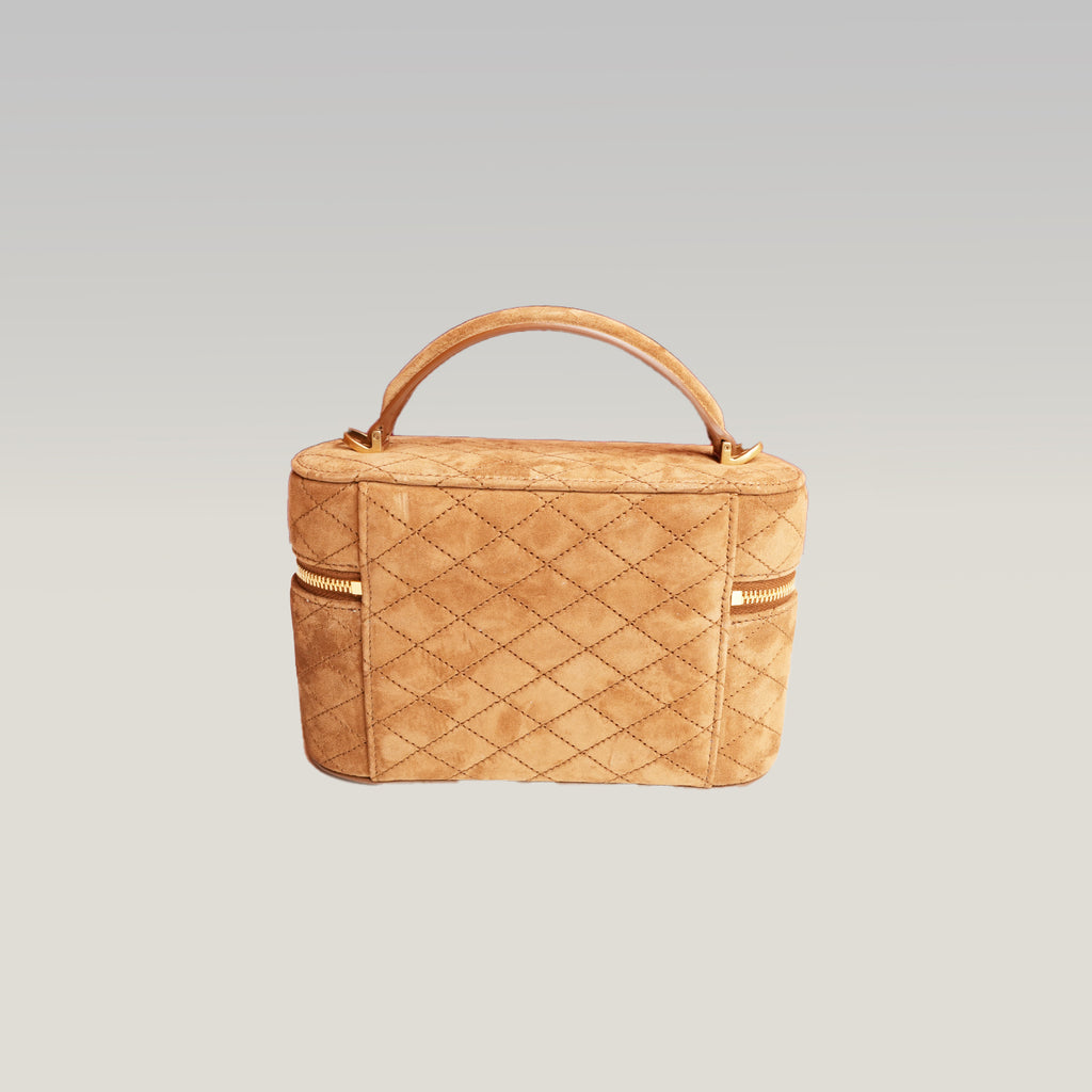 Saint Laurent Gaby Vanity Mini Borsa a Mano in Pelle Scamosciata Marrone Cammello Matelassé con Logo YSL Dorato