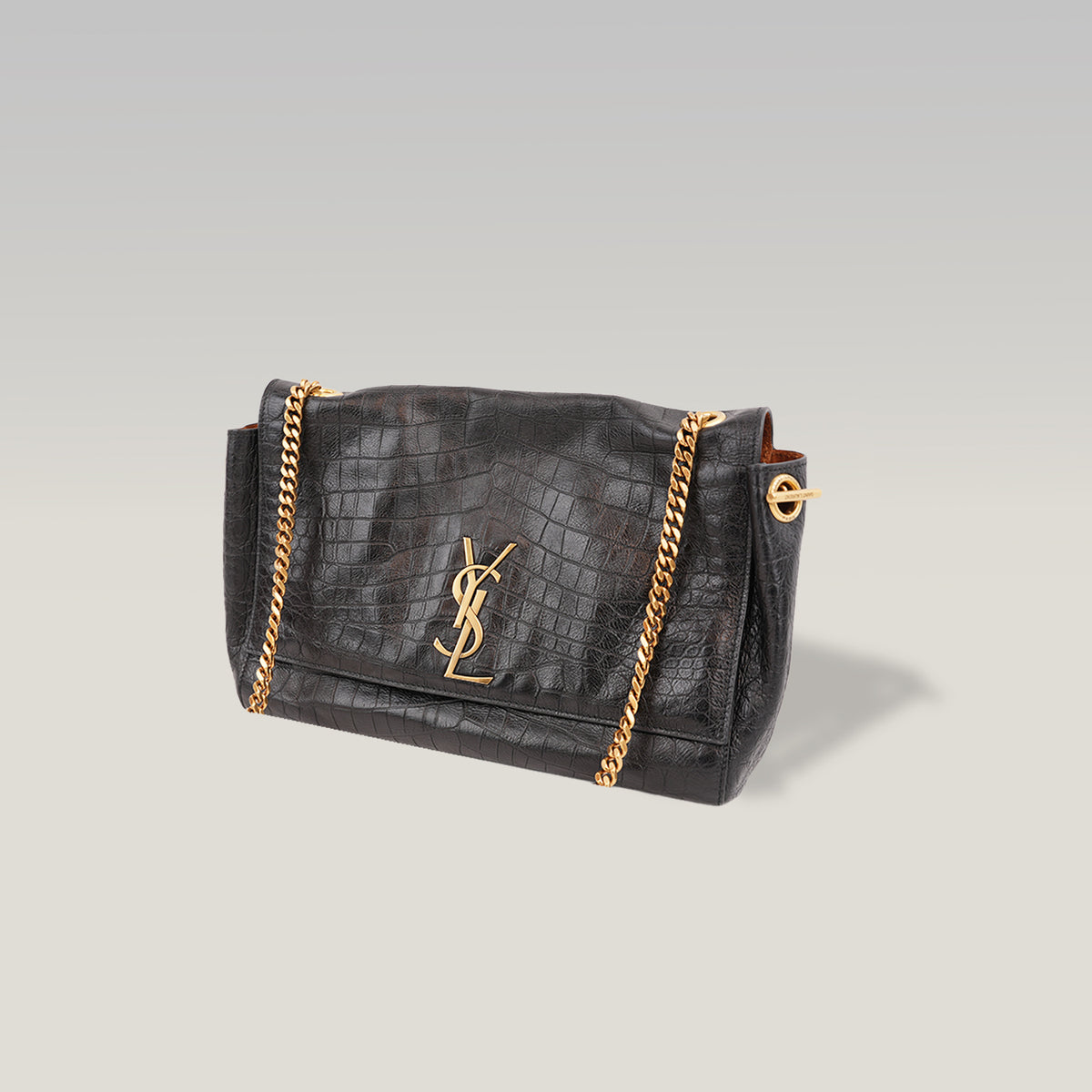 Saint Laurent Kate Borsa a Spalla in Pelle Nera Effetto Coccodrillo con Logo YSL e Catena Dorata