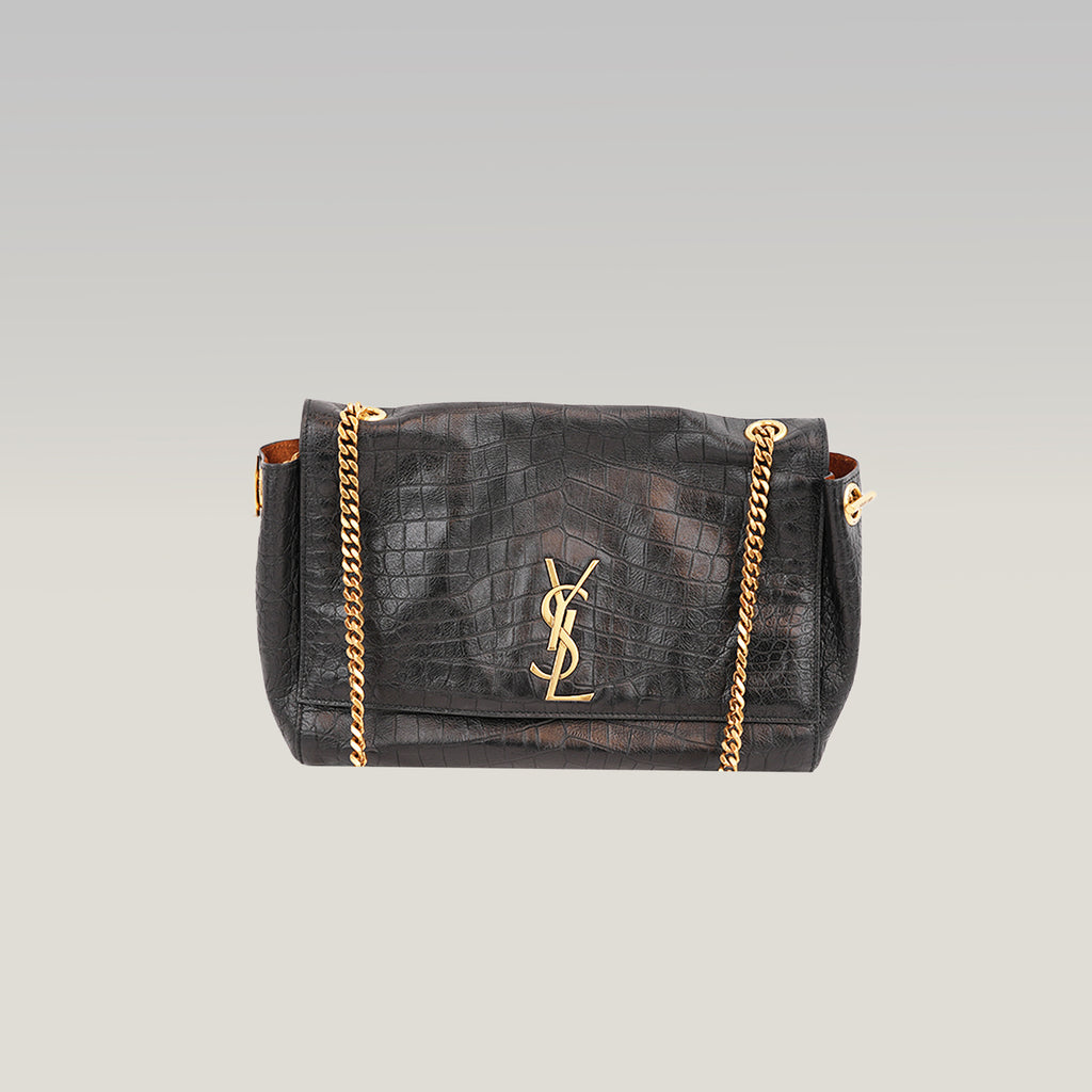 Saint Laurent Kate Borsa a Spalla in Pelle Nera Effetto Coccodrillo con Logo YSL e Catena Dorata
