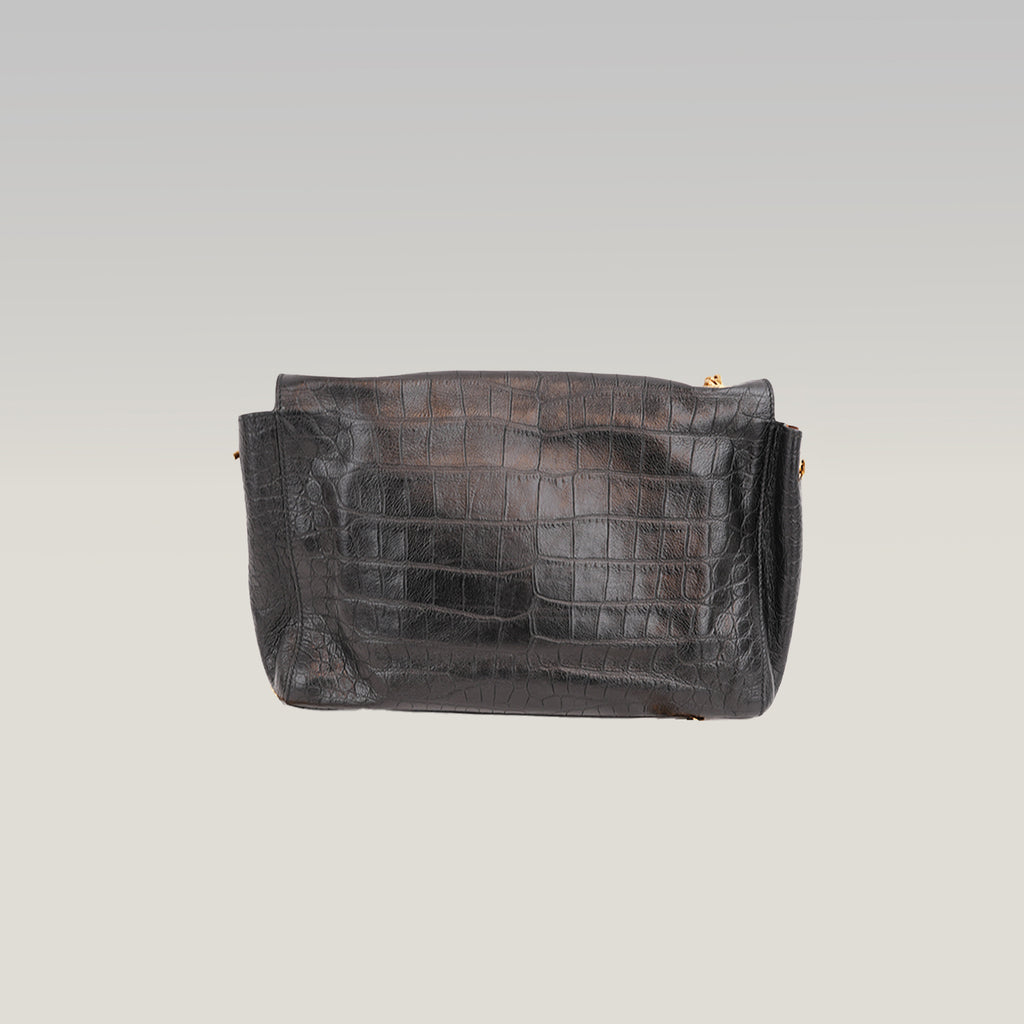 Saint Laurent Kate Borsa a Spalla in Pelle Nera Effetto Coccodrillo con Logo YSL e Catena Dorata