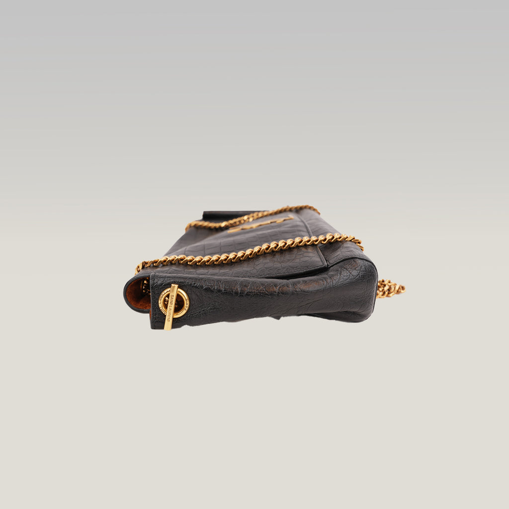 Saint Laurent Kate Borsa a Spalla in Pelle Nera Effetto Coccodrillo con Logo YSL e Catena Dorata