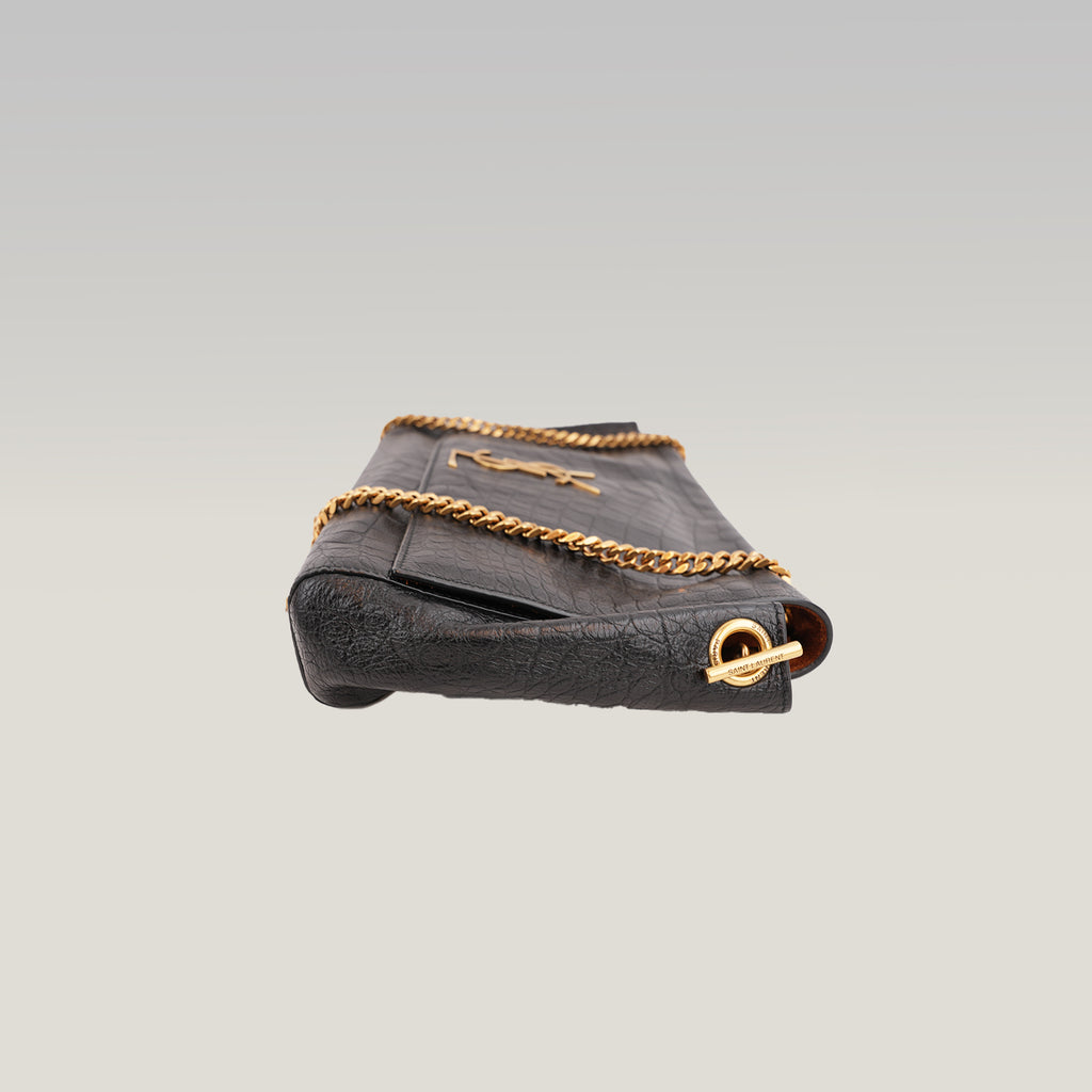 Saint Laurent Kate Borsa a Spalla in Pelle Nera Effetto Coccodrillo con Logo YSL e Catena Dorata