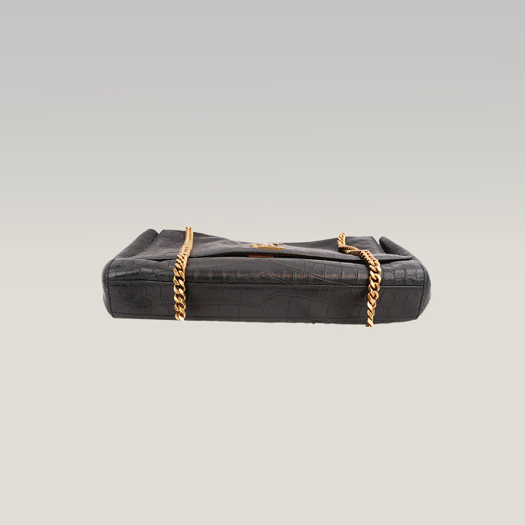 Saint Laurent Kate Borsa a Spalla in Pelle Nera Effetto Coccodrillo con Logo YSL e Catena Dorata