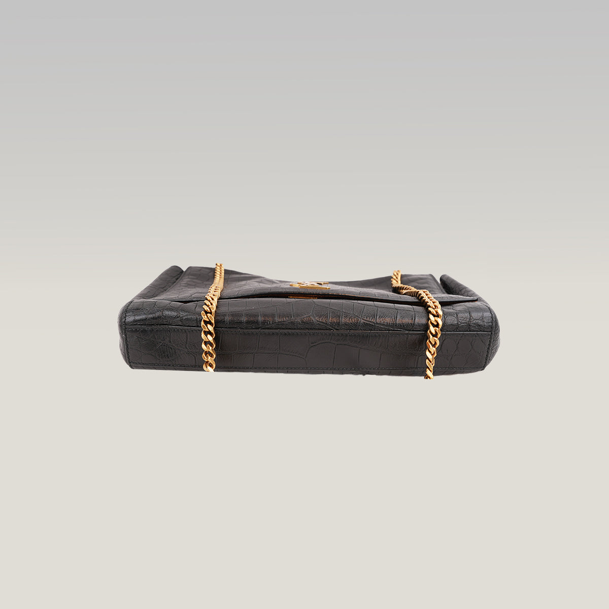 Saint Laurent Kate Borsa a Spalla in Pelle Nera Effetto Coccodrillo con Logo YSL e Catena Dorata