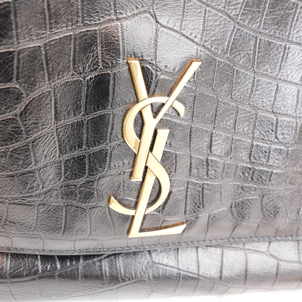 Saint Laurent Kate Borsa a Spalla in Pelle Nera Effetto Coccodrillo con Logo YSL e Catena Dorata