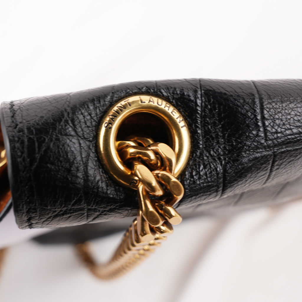 Saint Laurent Kate Borsa a Spalla in Pelle Nera Effetto Coccodrillo con Logo YSL e Catena Dorata